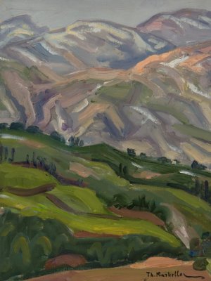 Velina Mountains — Oil painting, Fiberboard, 30.00×40.00cm — Theodoros Markellos